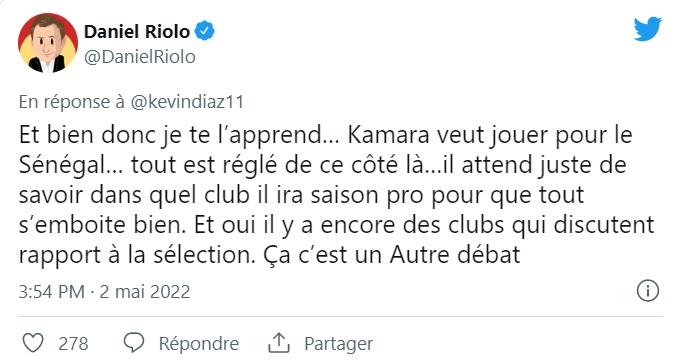 Tweet de Daniel Riolo sur la sélection de Boubacar Kamara en équipe nationale du Sénégal