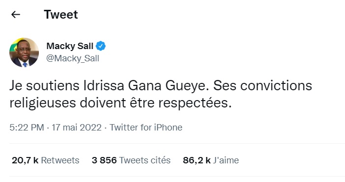 Tweet Macky Sall sur la polémique Idrissa Gana Gueye